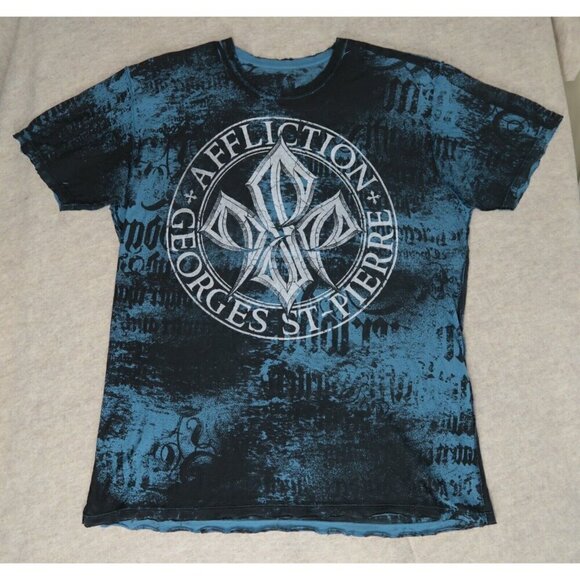 VTG Y2K Affliction T-Shirt George St Pierre MMA UFC Blue Cross Distress Mens 3XL - Picture 1 of 12